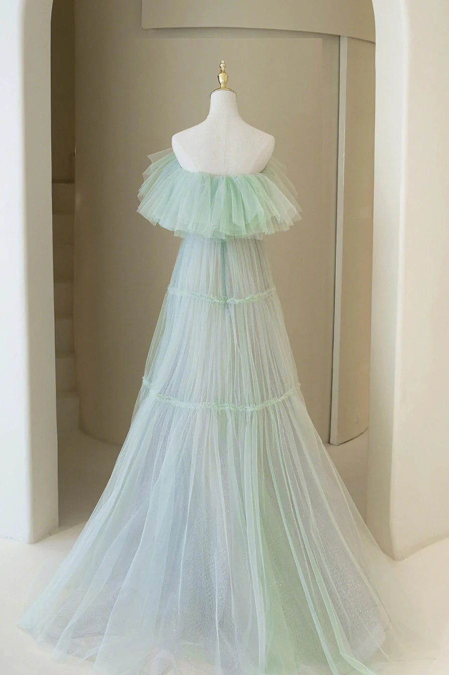 Simple A-Line Off Shoulder Tulle Green Floor Length Prom Dress With Black Belt