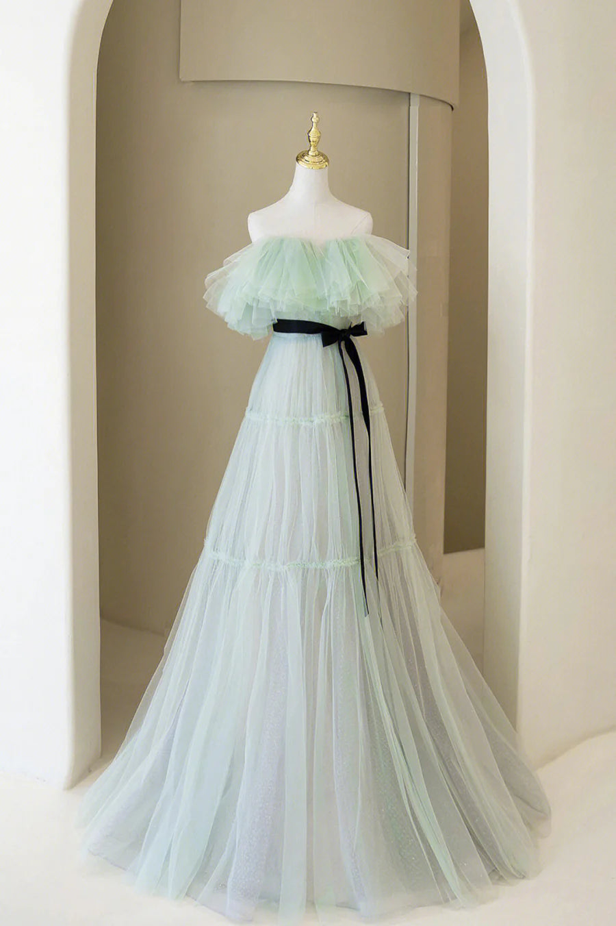 Simple A-Line Off Shoulder Tulle Green Floor Length Prom Dress With Black Belt