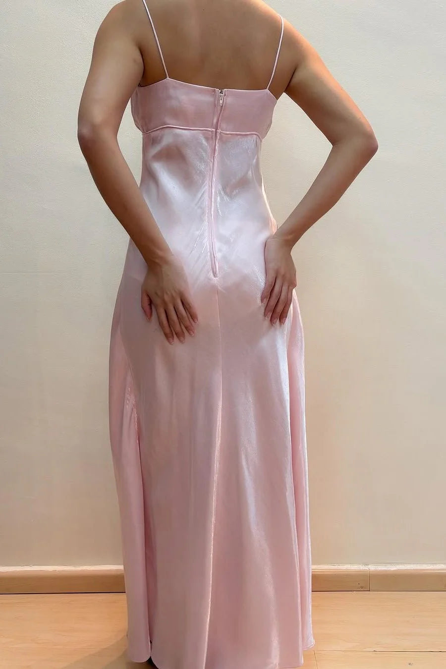 Simple A-Line Spaghetti Straps Empire-Waist Sleeveless Long Pink Prom Dress