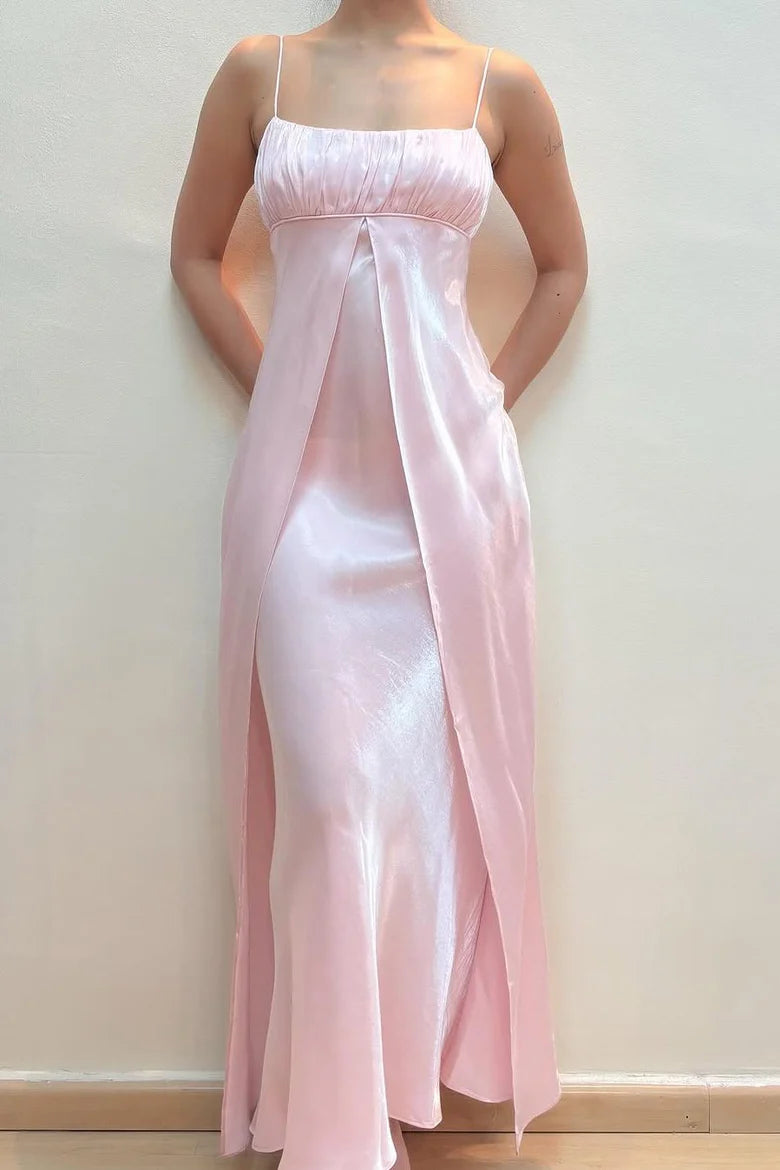 Simple A-Line Spaghetti Straps Empire-Waist Sleeveless Long Pink Prom Dress