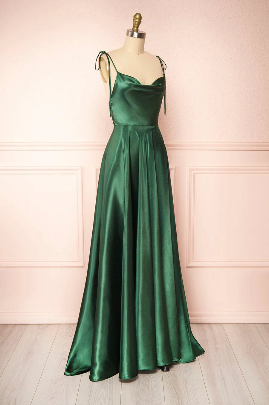 Simple A-Line Spaghetti Straps Satin Green Long Prom Dresses Evening Dresses