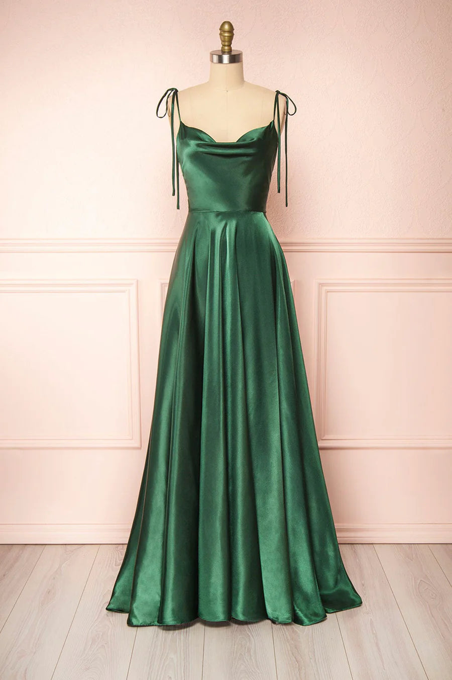 Simple A-Line Spaghetti Straps Satin Green Long Prom Dresses Evening Dresses
