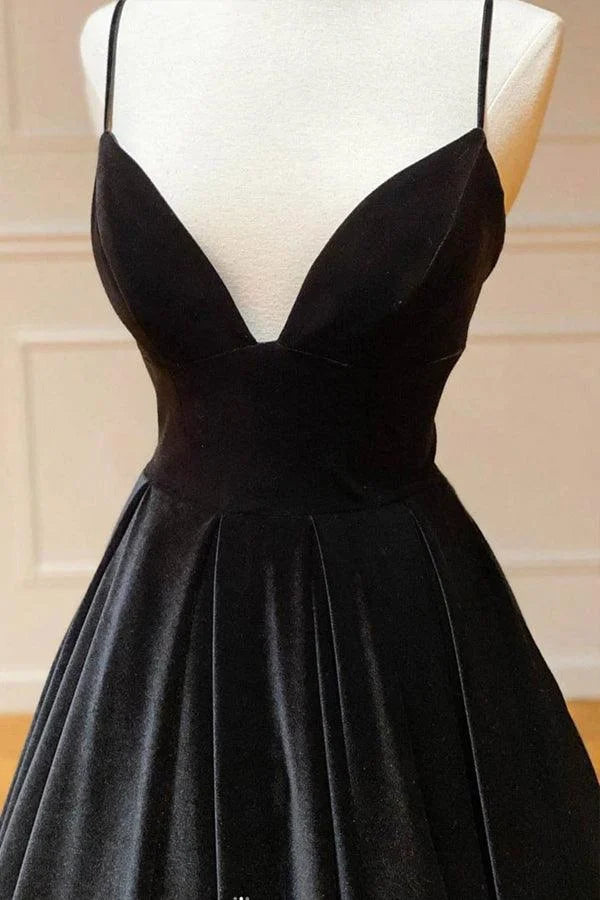 Simple A-Line Spaghetti Straps Velvet Black Floor Length Evening Dress