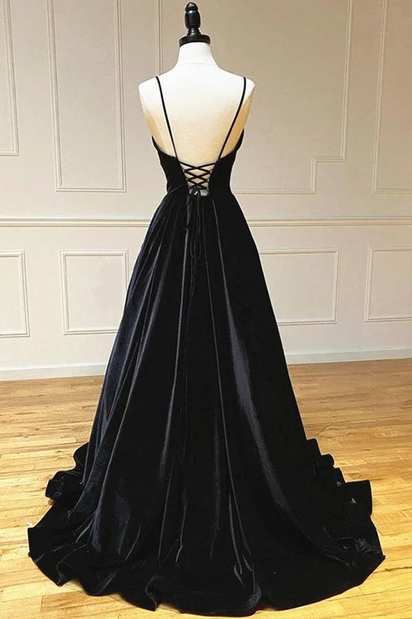 Simple A-Line Spaghetti Straps Velvet Black Floor Length Evening Dress