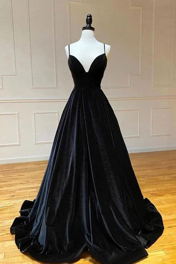 Simple A-Line Spaghetti Straps Velvet Black Floor Length Evening Dress