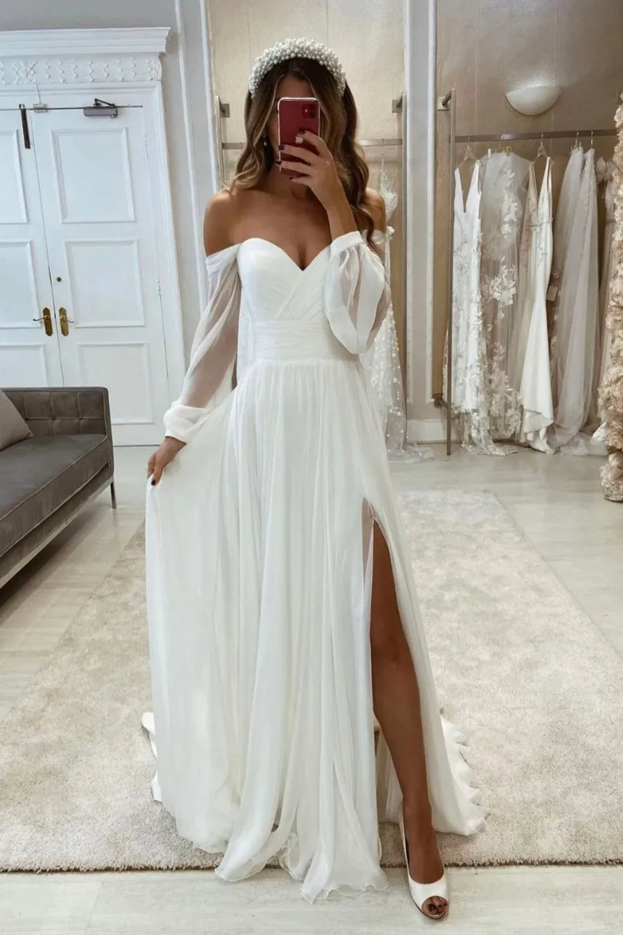 Simple A-Line Strapless Long Sleeve Chiffon White Long Prom Dress With Slit