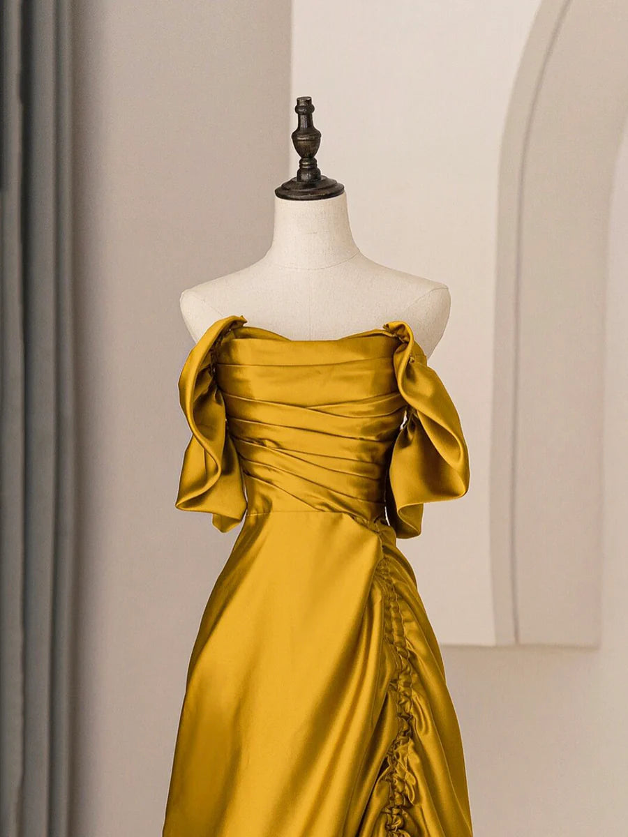 Simple A-Line Strapless Pleated Drawstring Satin Turmeric Long Prom Dress