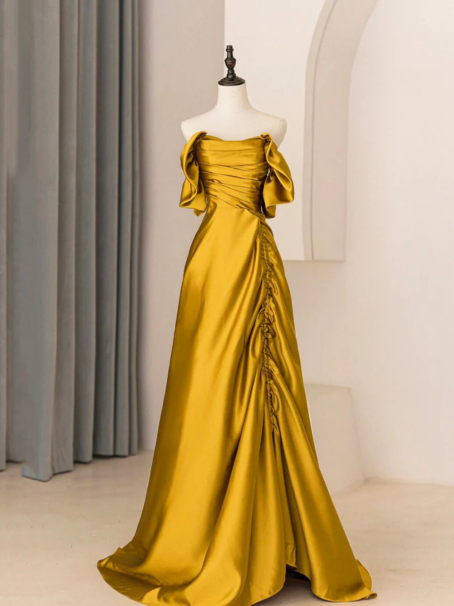 Simple A-Line Strapless Pleated Drawstring Satin Turmeric Long Prom Dress