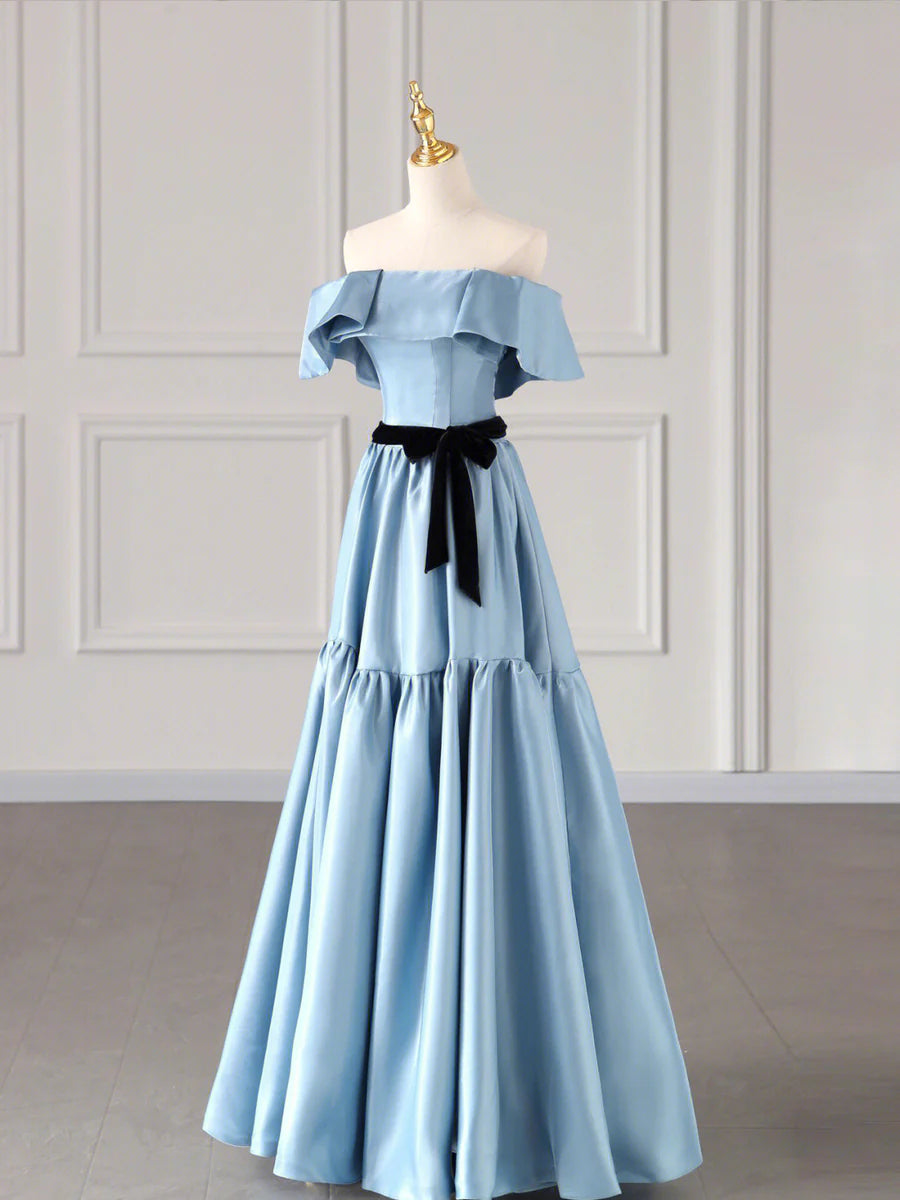 Simple A-Line Strapless Satin Blue Floor Length Prom Dress With Black Belt