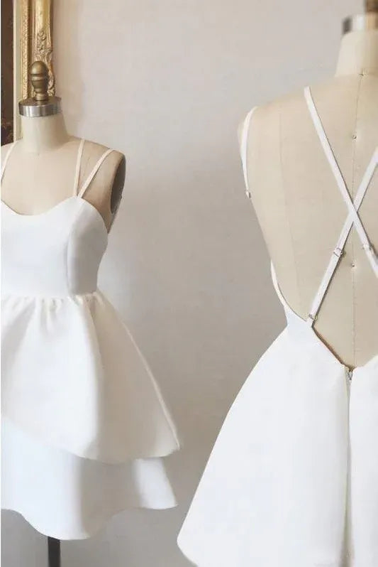 Simple A-Line Sweetheart Cross-Back Layered Ruffle White Short Homecoming Dress