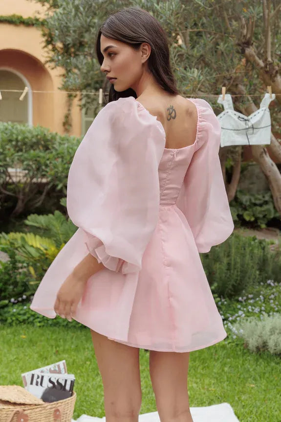 Simple A-Line U-Neck Balloon Long Sleeve Blush Mini Homecoming Dress