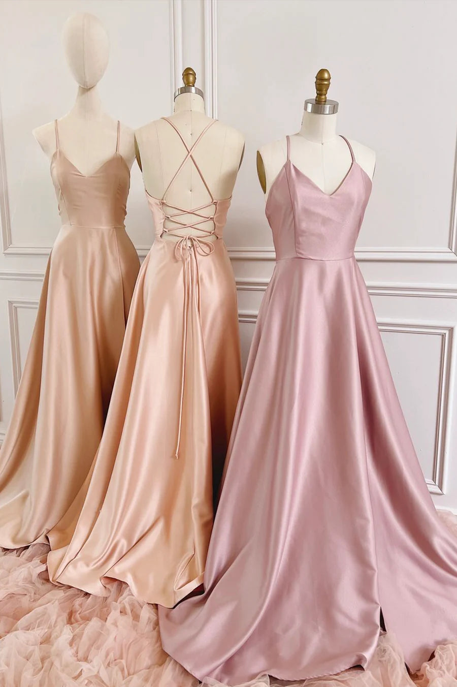 Simple A-Line V-Neck Cross-Strap Back Backless Satin Long Prom Dress
