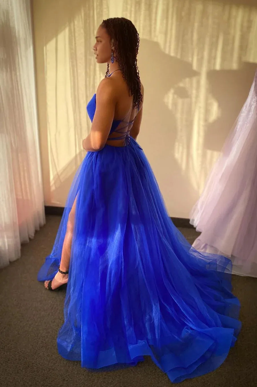 Simple A-Line V-Neck Cross-Strap Back Tulle Blue Long Prom Dress With High Slit
