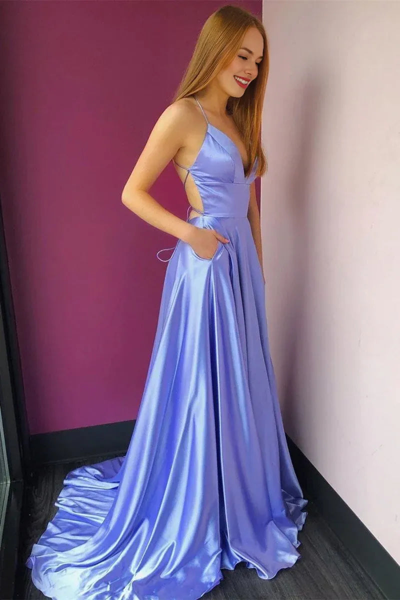 Simple A-Line V Neck Satin Lavender Long Evening Dress With Pockets