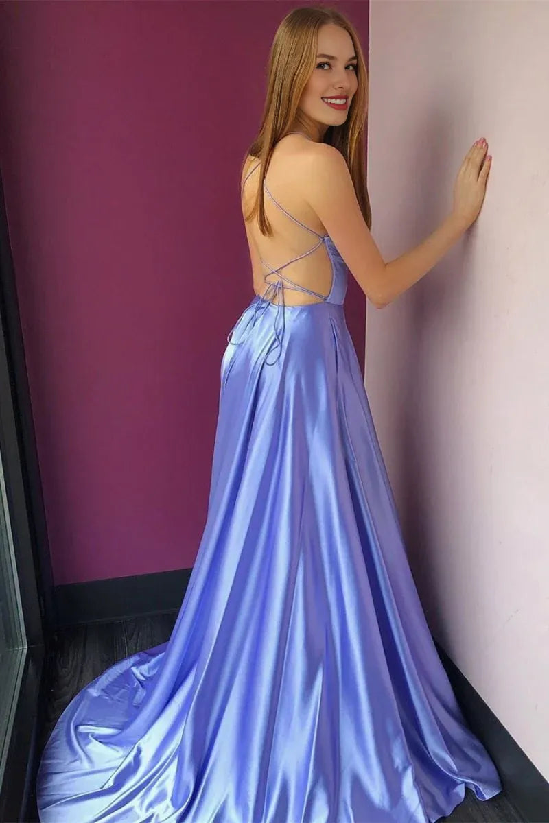 Simple A-Line V Neck Satin Lavender Long Evening Dress With Pockets