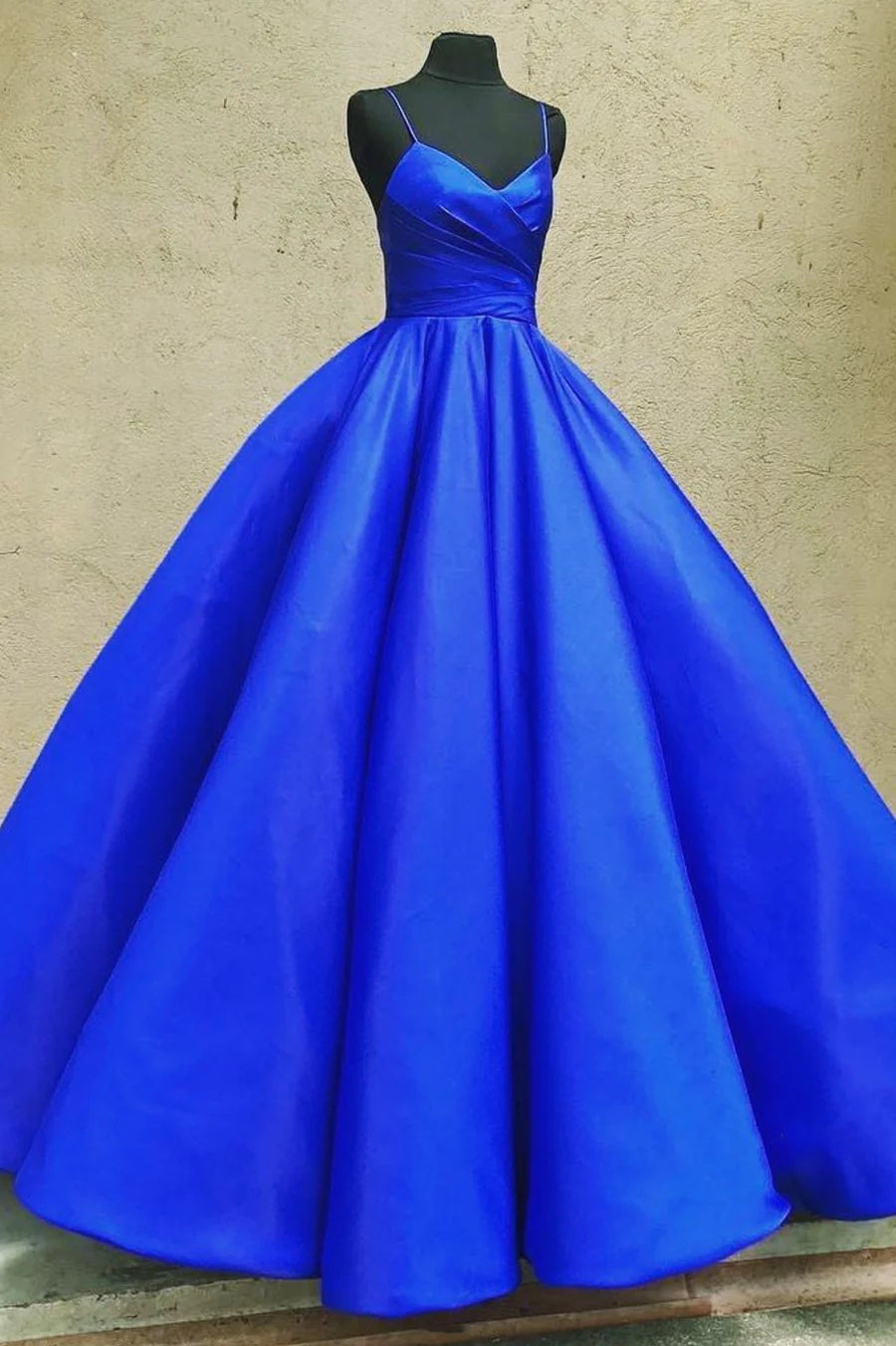 Simple A-Line V Neck Spaghetti Straps Pleated Satin Blue Long Prom Dresses