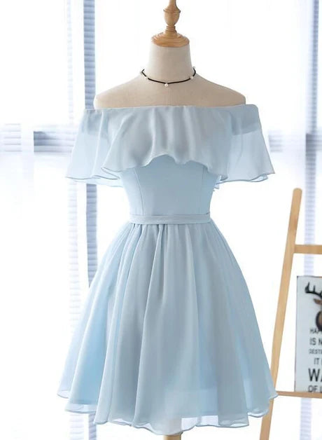 Simple A-line Blue Off Shoulder Long Satin Prom Dress Party Dress Homecoming Dress