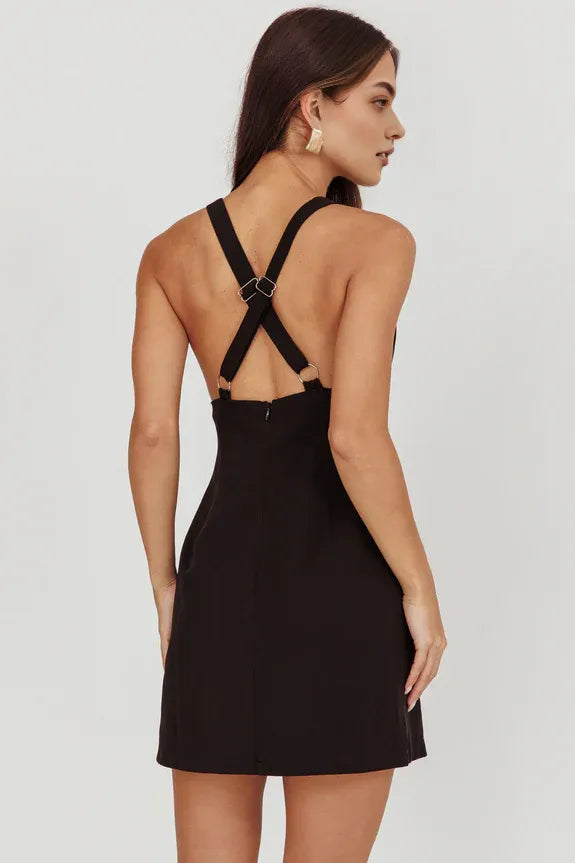 Simple A-line Deep V Neck Crossover Back Black Mini Homecoming Dress