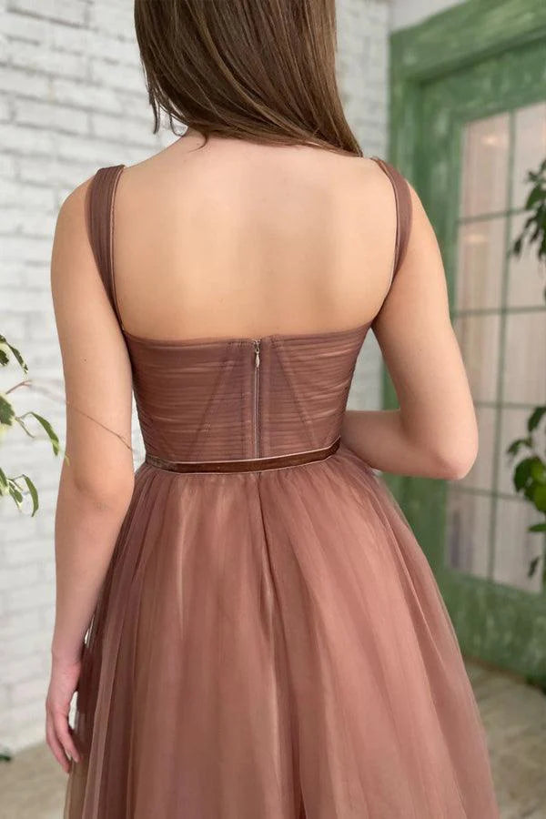 Simple A-line Pleated Layers Tulle Rust Tea Length Prom Dress