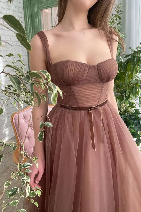 Simple A-line Pleated Layers Tulle Rust Tea Length Prom Dress