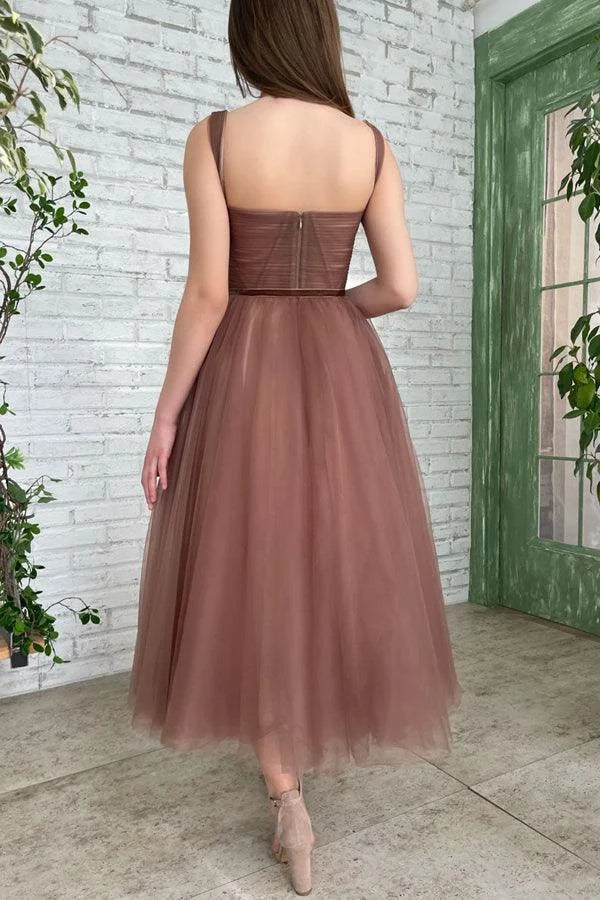 Simple A-line Pleated Layers Tulle Rust Tea Length Prom Dress