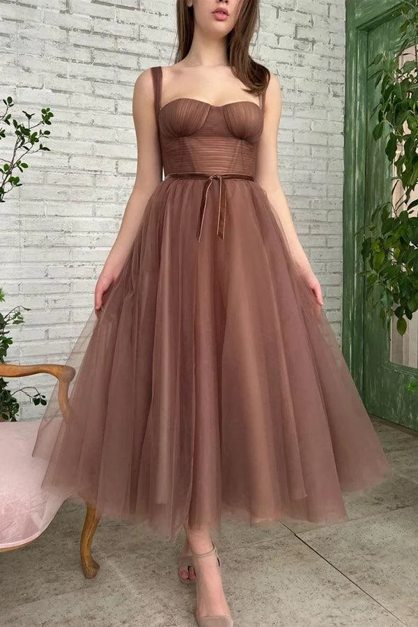 Simple A-line Pleated Layers Tulle Rust Tea Length Prom Dress