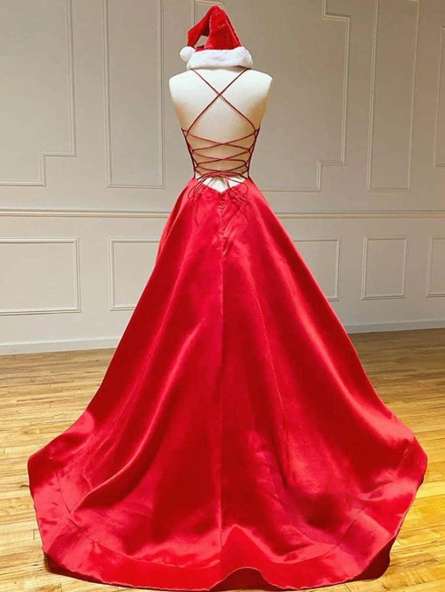 Simple A Line V Neck Spaghetti Straps Satin Red Long Evening Dress