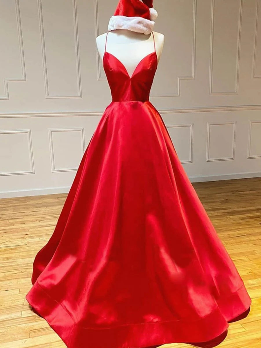 Simple A Line V Neck Spaghetti Straps Satin Red Long Evening Dress