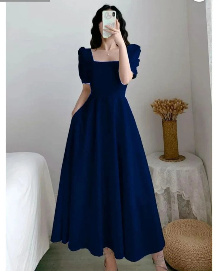 Simple And Elegant A Line Blue Square Neck Short Sleeves Tea Length Prom Party Dress Long Evening Dress