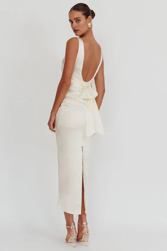 Simple And Elegant Boat Neck Backless Satin Ivory Maxi Evening Dress