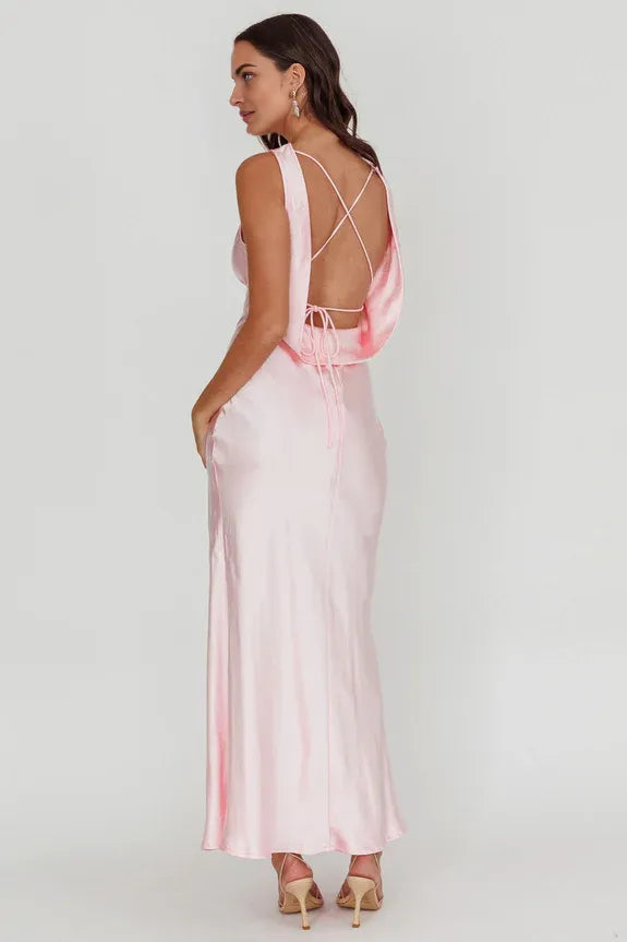 Simple And Elegant Cowl Neck Tie Satin Champagne Maxi Evening Dress