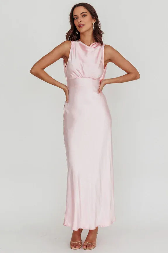 Simple And Elegant Cowl Neck Tie Satin Champagne Maxi Evening Dress