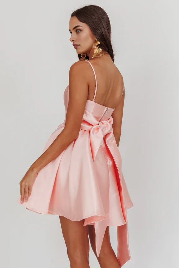 Simple And Elegant Flared Spaghetti Straps Bow Blush Mini Homecoming Dress