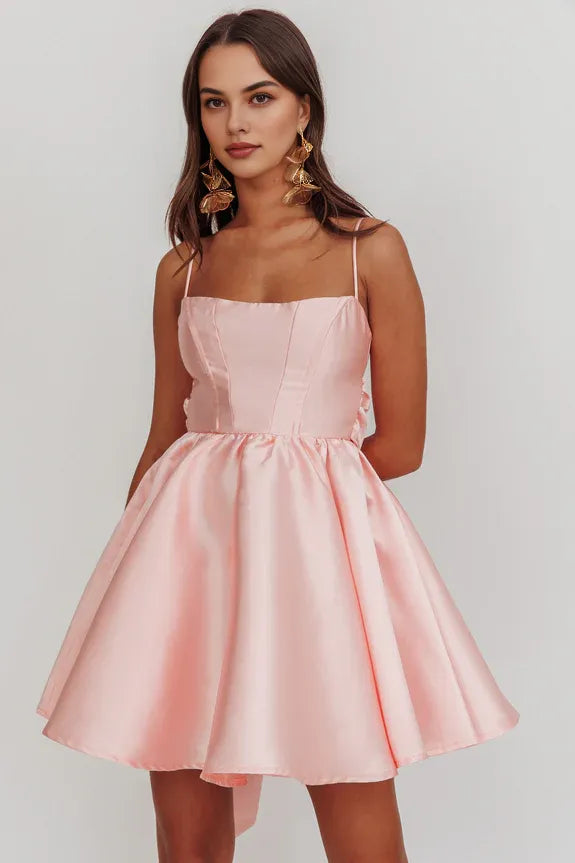 Simple And Elegant Flared Spaghetti Straps Bow Blush Mini Homecoming Dress