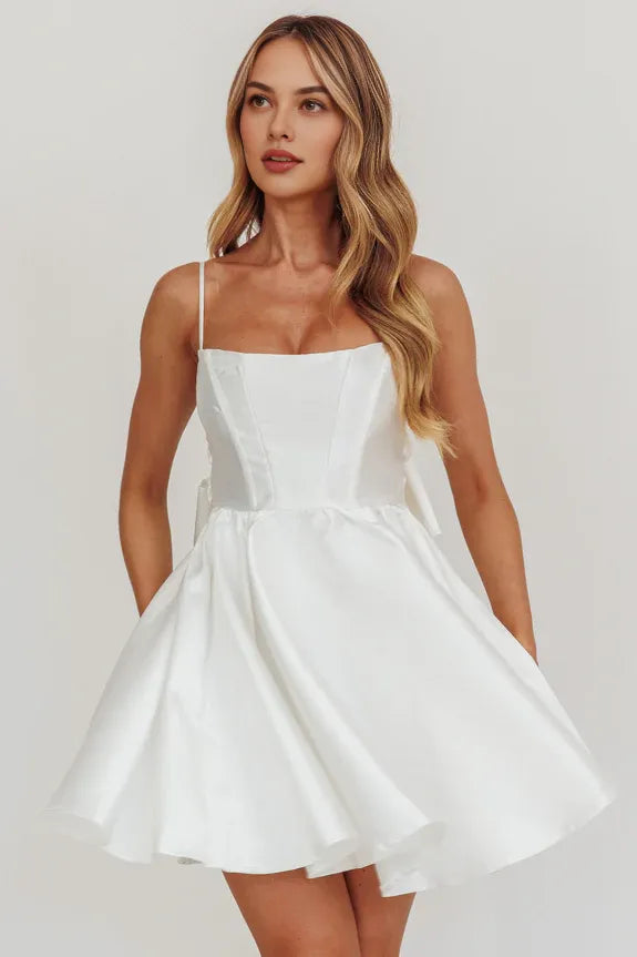 Simple And Elegant Flared Spaghetti Straps Bow White Mini Homecoming Dress
