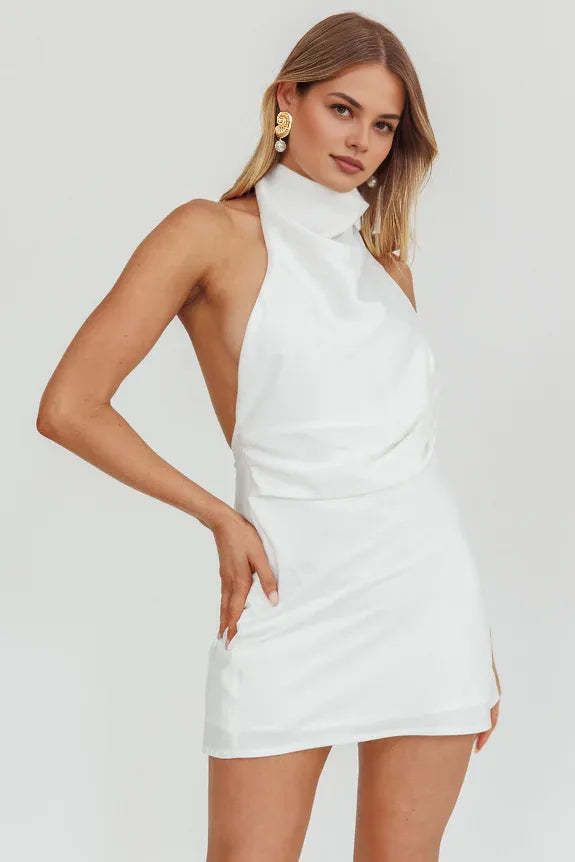 Simple And Elegant High Halter Neck Open Back White Mini Homecoming Dress