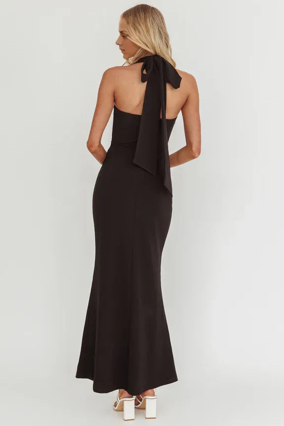 Simple And Elegant Mermaid Halter Neck Black Maxi Homecoming Dress