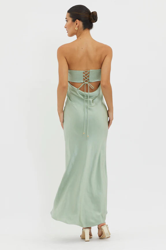 Simple And Elegant Strapless Pleated Lace Up Back Matcha Evening Dress