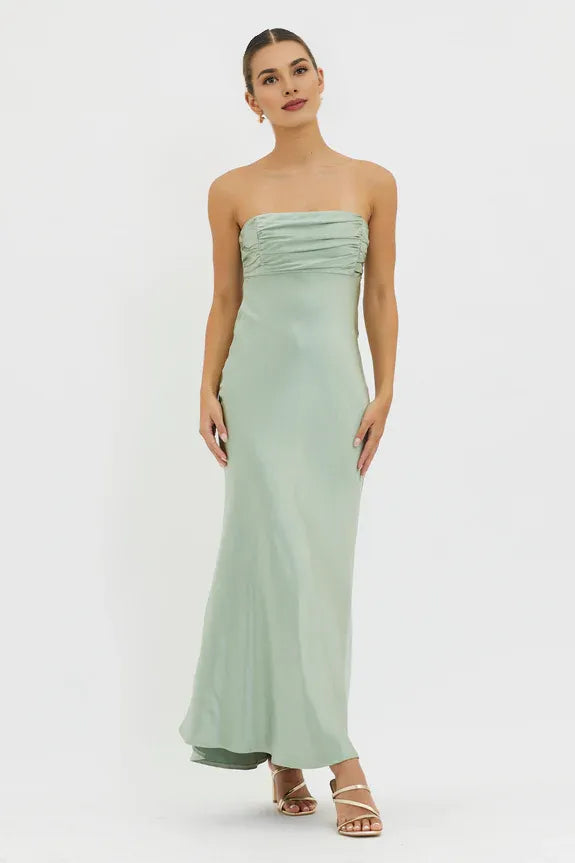 Simple And Elegant Strapless Pleated Lace Up Back Matcha Evening Dress