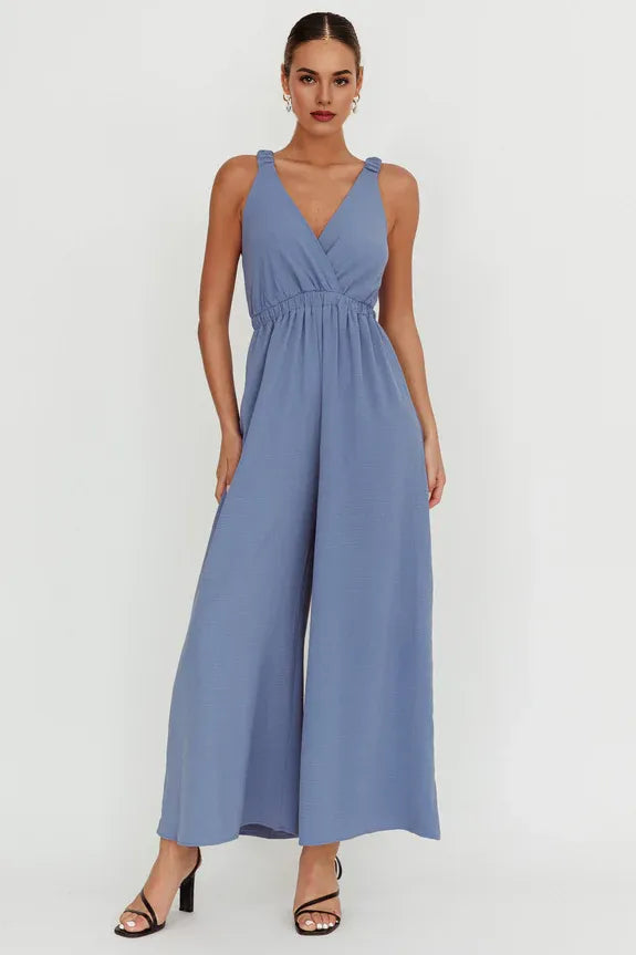 Simple And Elegant V Neck Crossover Strap Storm Blue Evening Jumpsuit
