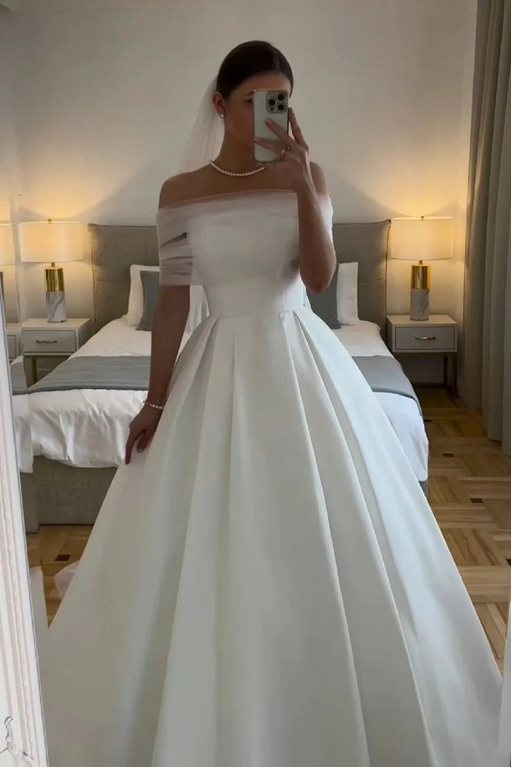 Simple Ball Gown Off The Shoulder Puffy Floor Length Wedding Dress Bridal Gown No Veils