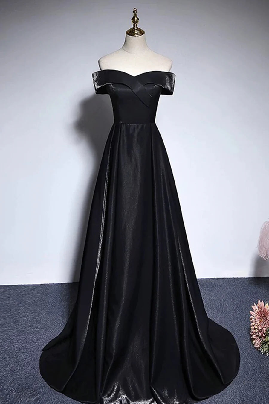 Simple Black Satin A-Line Off the Shoulder Floor Length Prom Dress Party Dress