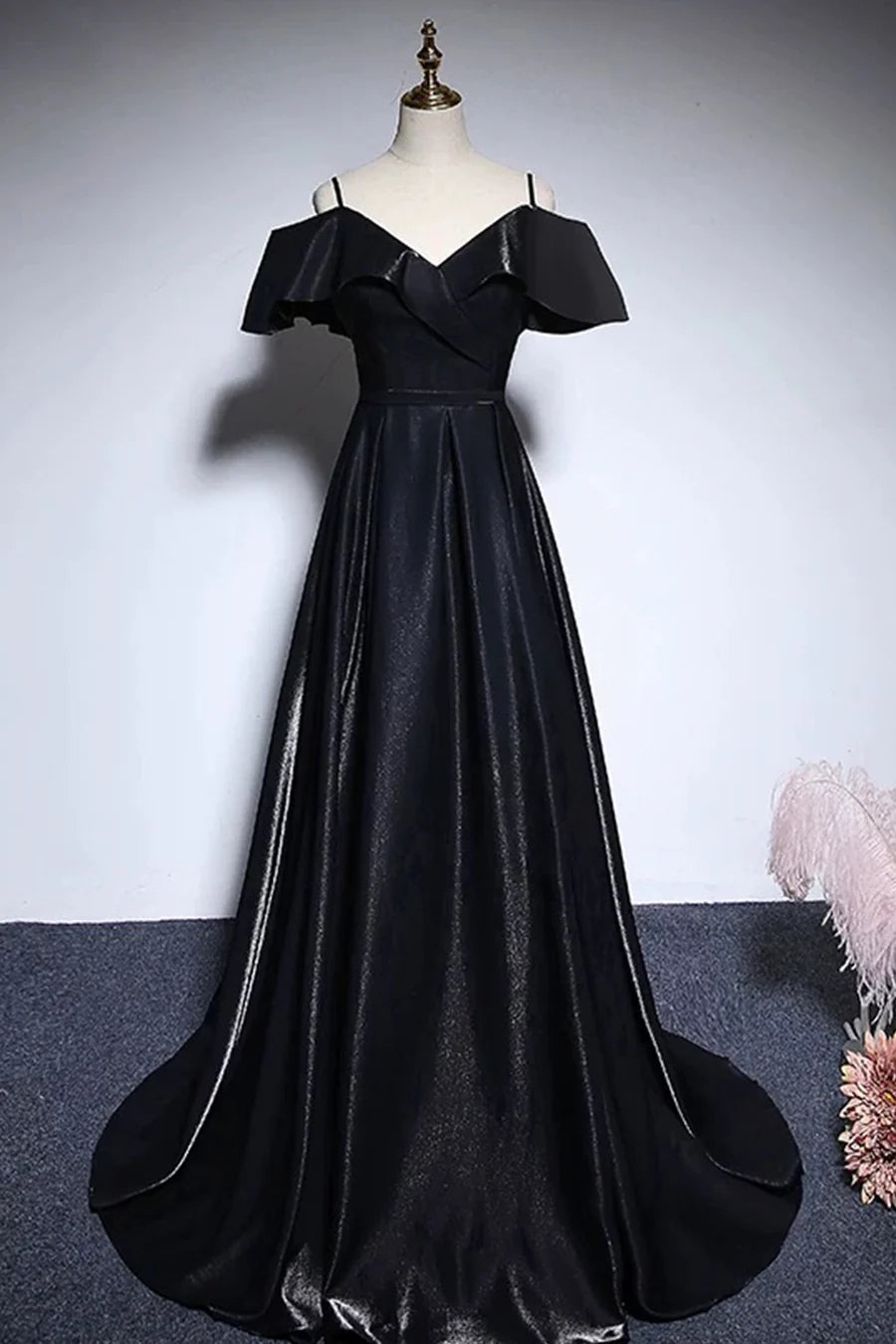 Simple Black Satin A-Line Off the Shoulder Floor Length Prom Dress Party Dress