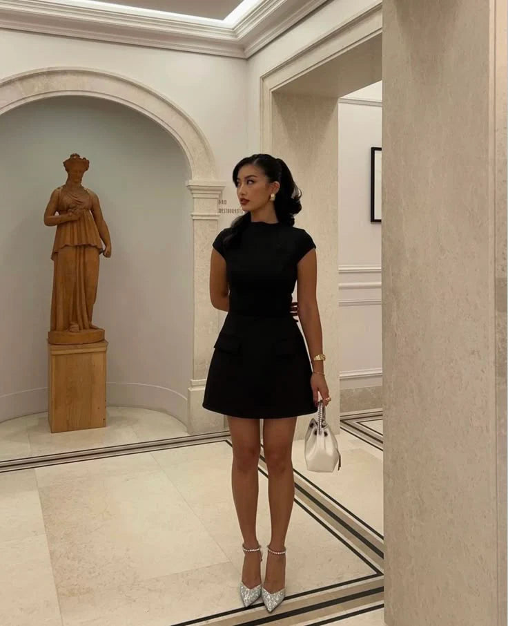 Simple Black Satin Short Sleeves Half High Neck Homecoming Dress Short Short Party Dress