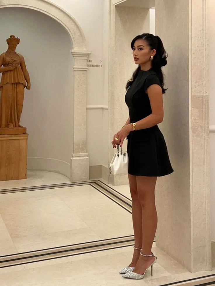 Simple Black Satin Short Sleeves Half High Neck Homecoming Dress Short Short Party Dress
