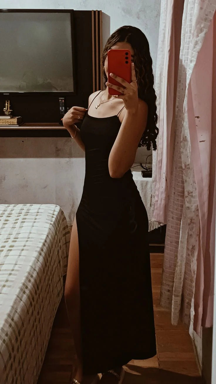 Simple Black Satin Spaghetti Straps Formal Prom Dress Slit Long Party Dress Tea Length Evening Dress