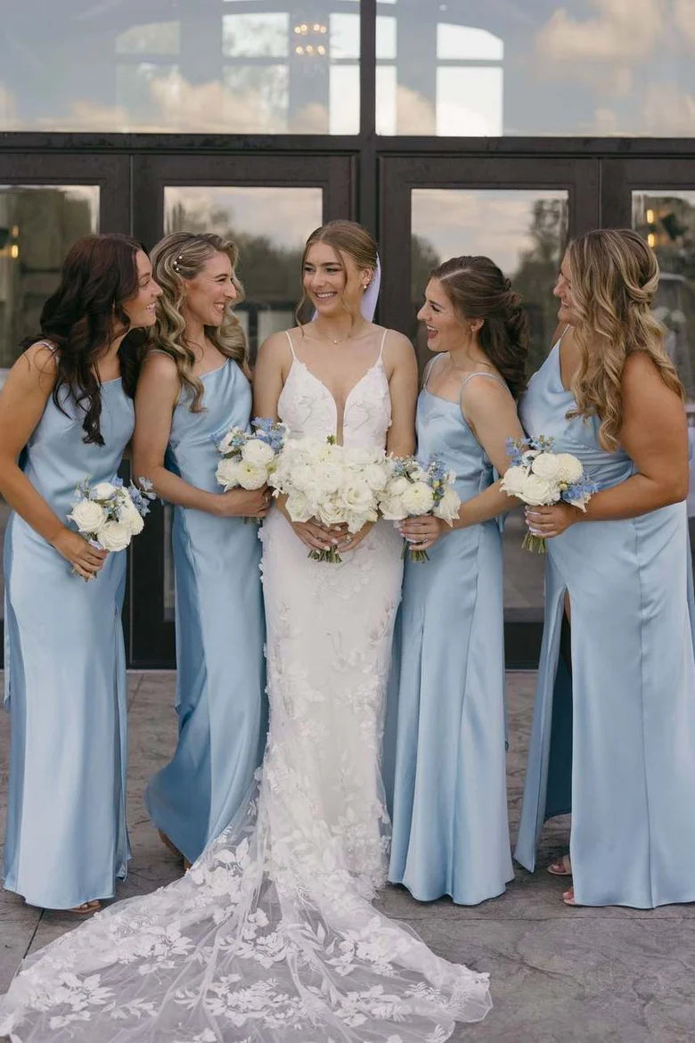 Simple Blue Satin Spaghetti Straps Pleated with Slit Long Bridesmaid Dress