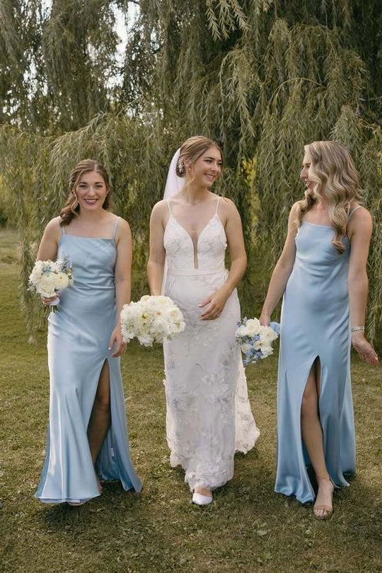 Simple Blue Satin Spaghetti Straps Pleated with Slit Long Bridesmaid Dress