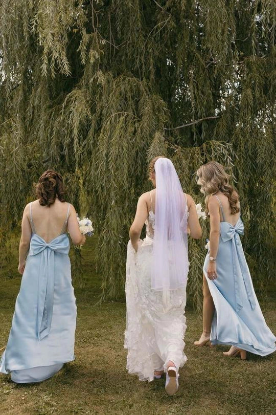 Simple Blue Satin Spaghetti Straps Pleated with Slit Long Bridesmaid Dress