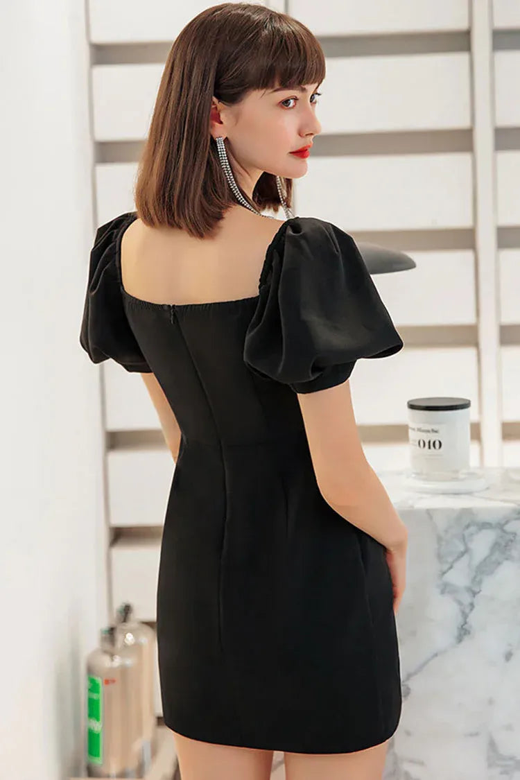 Simple Bodycon Square Neck Puff Sleeve Ruched Black Mini Homecoming Dress